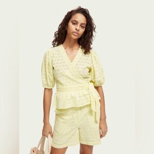 Scotch & Soda Broderie Anglaise Wrap Top Yellow Eyelet V-neck Necklace NEW